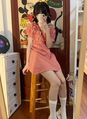 甜豆甜心泡泡袖套头娃娃裙奶甜小个子少女蝴蝶结红格高腰连衣裙