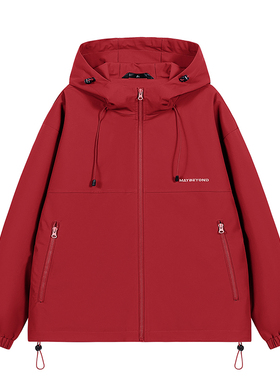 红色冲锋衣外套男2024春秋户外宽松工装夹克情侣本命年休闲外套女