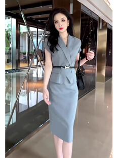浅灰夏天西装女薄款短袖职业套装裙高级感西服OL职场百搭半裙修身