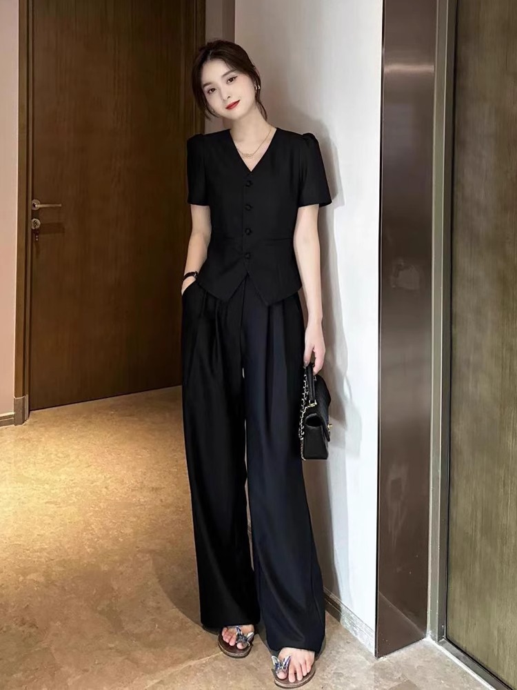 黑色短袖上衣短外套阔腿裤女夏季高腰垂感休闲直筒宽松西装裤套装