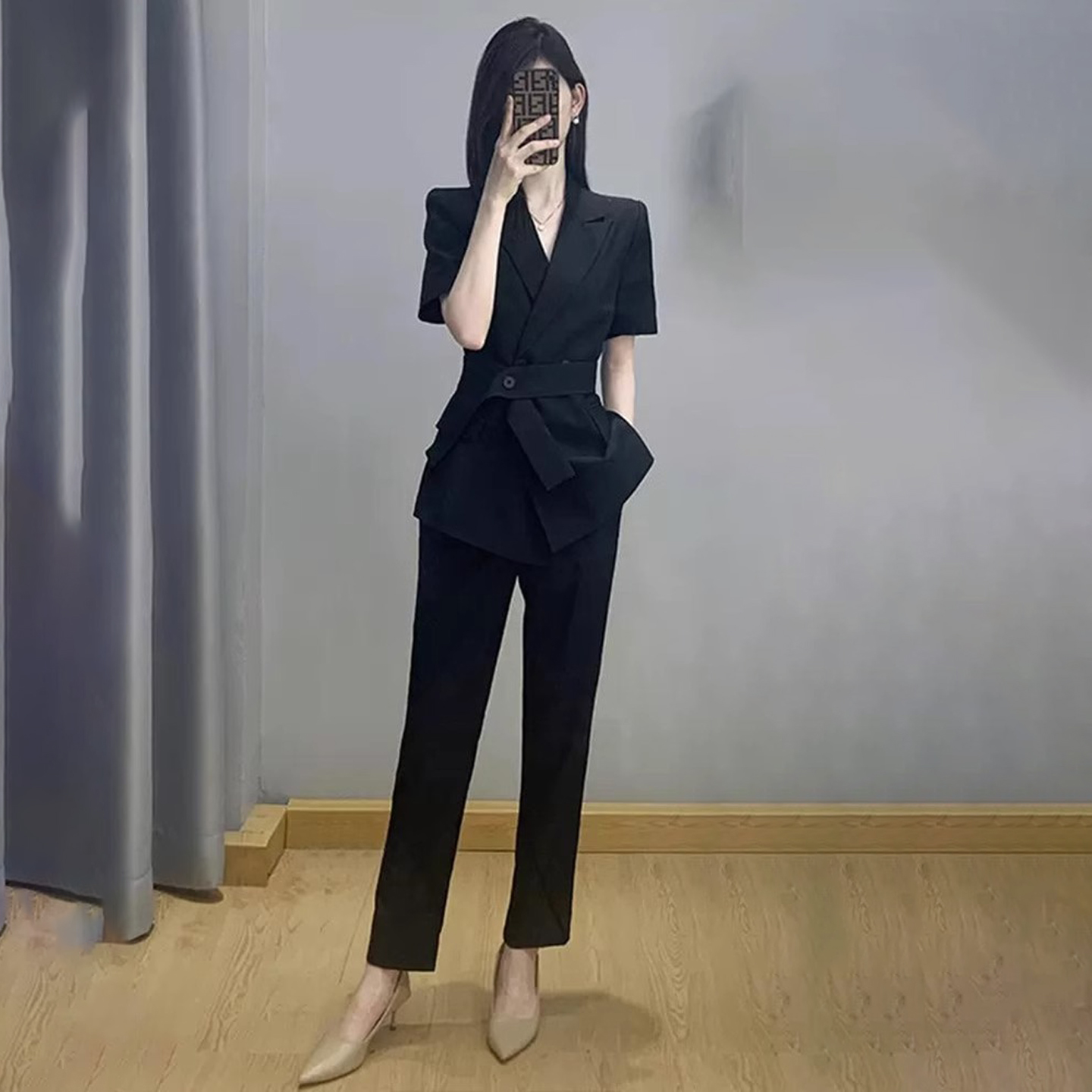 常规气质干练短袖西装束腰显瘦女