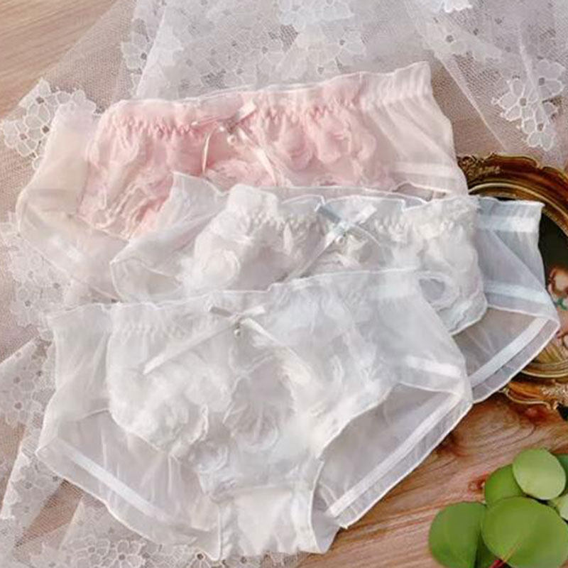 中腰内裤女欧式轻薄柔软蕾丝玫瑰花立体网纱性感棉裆少女士三角裤