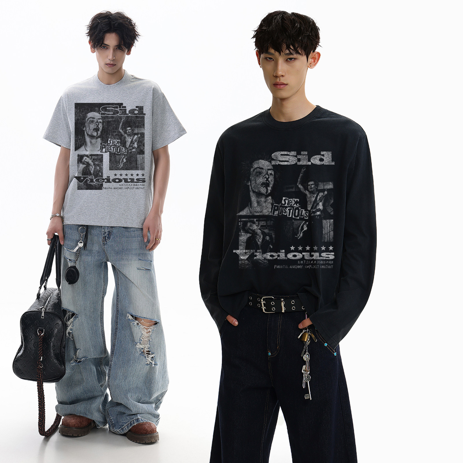 notsexx&ldquo;贝斯手席德&ldquo;水洗正肩小领口短宽boxy短袖t恤长袖男美式