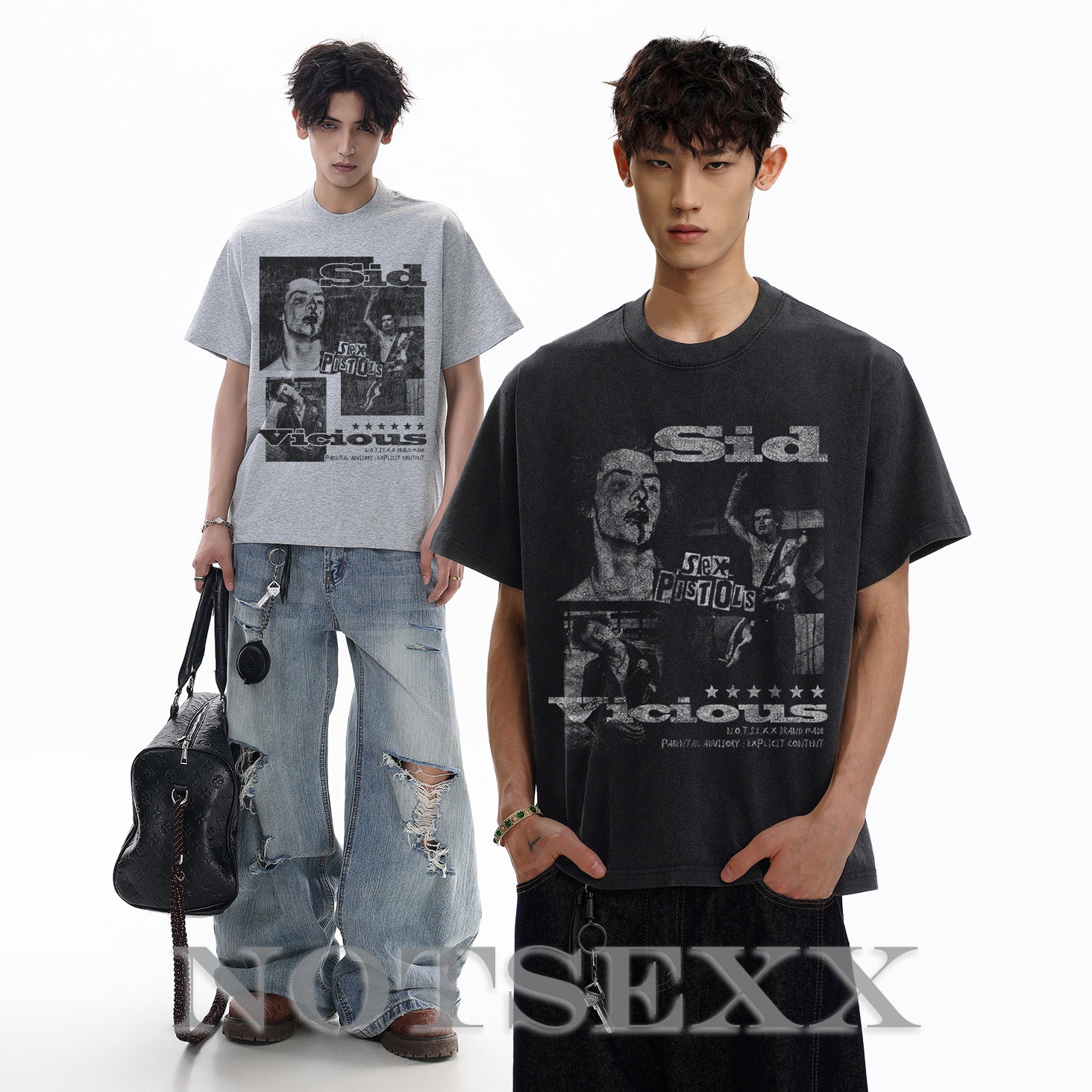 notsexx&ldquo;贝斯手席德&ldquo;水洗正肩小领口短宽boxy短袖t恤长袖男美式