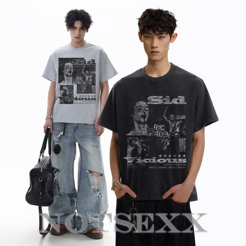 notsexx“贝斯手席德“水洗正肩小领口短宽boxy短袖t恤长袖男美式