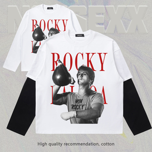 notsexx「拳王洛奇」数码直喷300g纯棉假两件美式boxy长袖t恤男