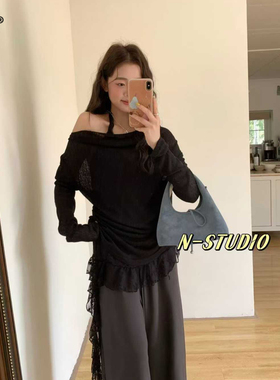 N F5146大码一字肩蕾丝拼接长袖上衣套装女设计感修身针织衫气质