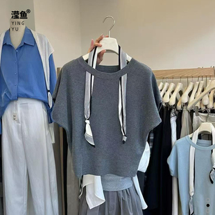 针织衫 麦希 1031大码 韩系设计感飘带短袖 宽松显瘦通勤上衣 女夏季