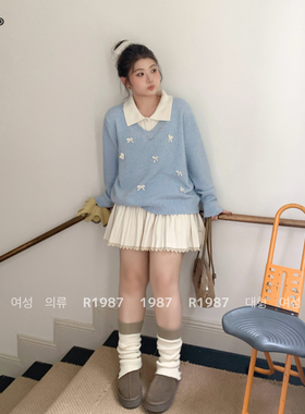 1987 64666大码甜美风翻领蝴蝶结针织衫冬假两件显瘦蓝色毛衣上衣