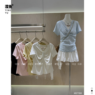 1987 67188大码V领短袖T恤女夏修身显瘦内搭压褶百搭休闲纯色上衣