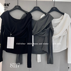 FAFA F8117大码秋季一长袖字肩上衣气质修身百搭女温柔露肩针织衫