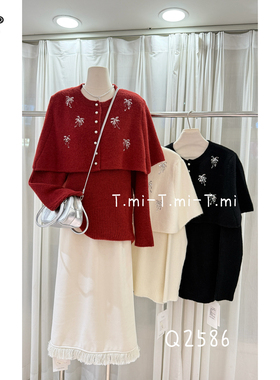 TMI Q2586大码斗篷假两件毛针织衫女圆领长袖慵懒风气质毛上衣