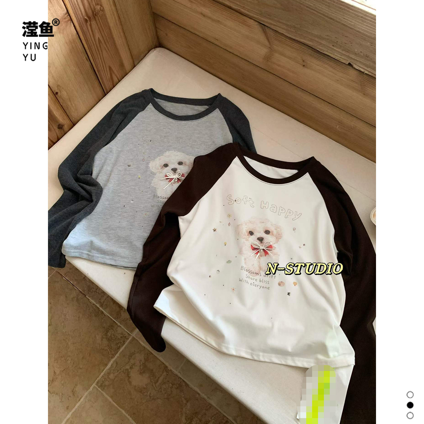 N W4781大码撞色插肩卡通印花长袖T恤女秋学院风宽松百搭打底上衣