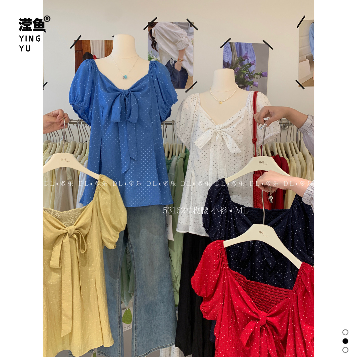 多乐 53162大码甜美风泡泡袖圆点V领蝴蝶结上衣女夏显瘦短袖衬衫