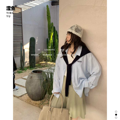 W91352大码轻熟风披肩式衬衫女