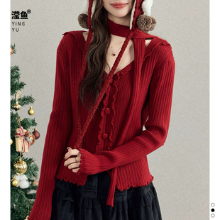 修身 佐纳 女冬季 秋冬V领荷叶边针织衫 显瘦设计感毛衣上衣 5516大码