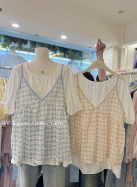 HE 6363大码假两件格子短袖上衣女夏季宽松遮肚显瘦拼接T恤打底