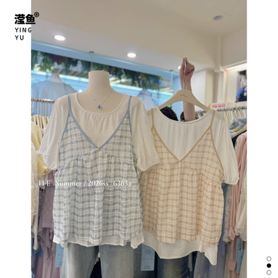 HE6363大码假两件格子短袖上衣