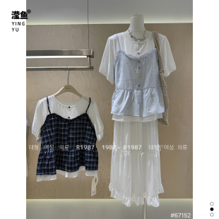R1987 67152大码学院风假两件格子拼接女夏短袖显瘦百搭T恤上衣