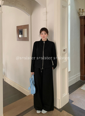 S+ 18356大码韩系纯色立领拉链卫衣套装女慵懒宽松休闲长裤两件套
