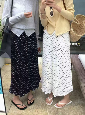 麦希 1535大码复古波点半身裙女高腰A字裙中长款褶皱开叉直筒裙