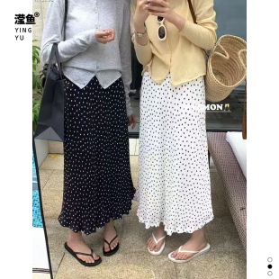 褶皱开叉直筒裙 复古波点半身裙女高腰A字裙中长款 麦希 1535大码