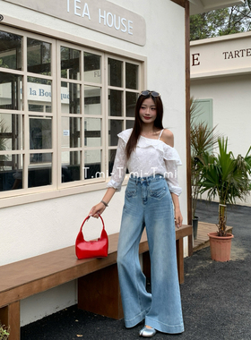 Tmi 26888大码高腰牛仔阔腿裤女2026春新款蓝色垂感微喇裤裤子