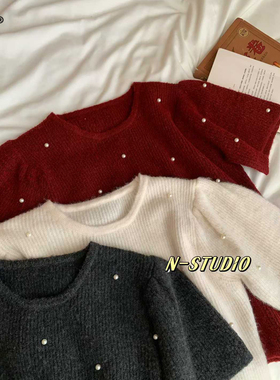 N M607大码秋冬珍圆领珠针织衫女套头百搭毛衣洋气设计感加厚上衣