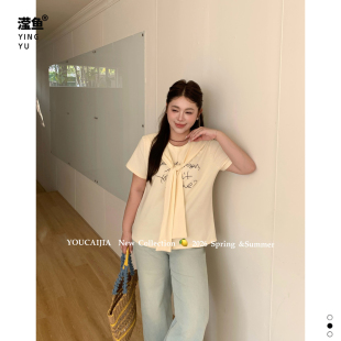 T恤女宽松百搭夏季 宽松型印花短袖 洋气披肩上衣 FG7397大码 油菜