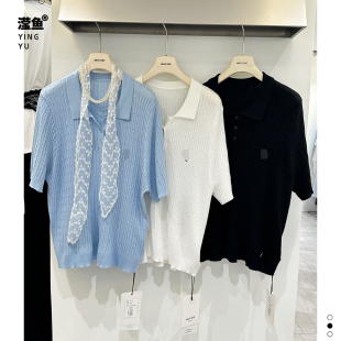 上衣女夏宽松气质通勤T恤小衫 沐熙 polo领麻花针织短袖 1大码 9146