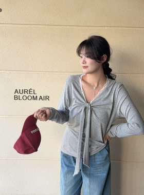 佐纳 F36060大码春季新款蕾丝拼接绑带V领长袖上衣女修身显瘦T恤