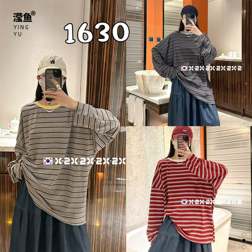 X21630大码复古条纹长袖T恤女