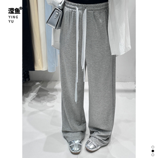 女宽松显瘦休闲直筒裤 慵懒风抽绳高腰阔腿运动裤 Y2019大码 演曦