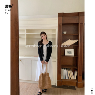 S+ 18323大码慵懒风针织开衫连衣裙两件套女中长款A字裙长裙套装