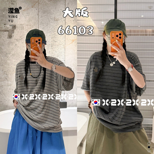 X2 66103大码复古条纹短袖T恤女夏季宽松圆领套头上衣休闲百搭