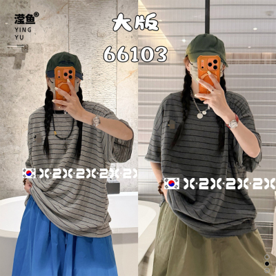 X266103大码复古条纹短袖T恤女