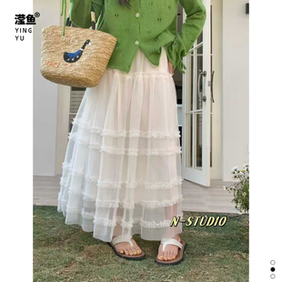 N W3998大码法式网纱蛋糕裙女干净白色半身裙显瘦大摆长裙仙女裙