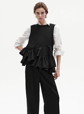 VERSELET短诗 设计师款新品黑色花苞廓形精纺羊毛上衣高级感