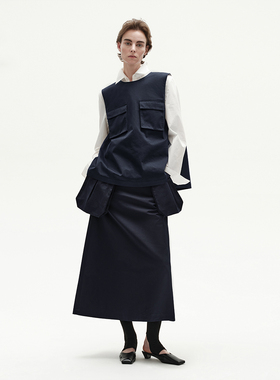 VERSELET短诗半身裙秋冬款藏蓝色有机棉立体袋中长半裙高级套装