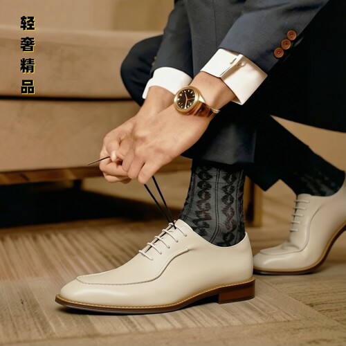 米白真皮新郎牛津正装皮鞋