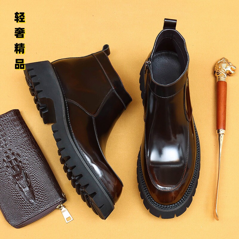 厚底马丁靴男款商务真皮拉链切尔西靴漆皮英伦风亮面手工高帮皮靴