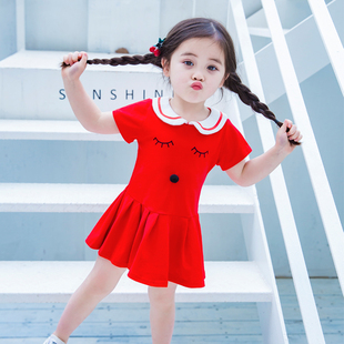女童夏装 公主裙短2023新款 夏季 女宝宝洋气红色连衣裙 裙子婴儿短袖