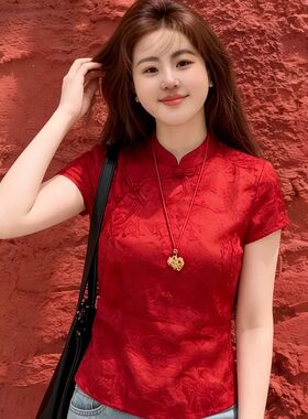 新中式气质红色短袖衬衫女装夏季新款百搭显瘦贵气感国风上衣