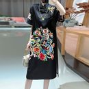 宽松版 短袖 改良旗袍裙气质 连衣裙女夏季 高级感黑色醋酸刺绣新中式