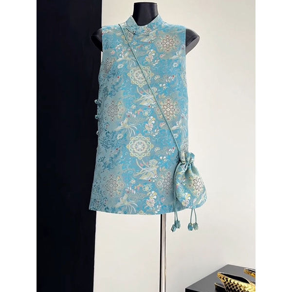 新中式国风蓝色印花马甲女时髦洋气夏季高端唐装无袖衬衫上衣