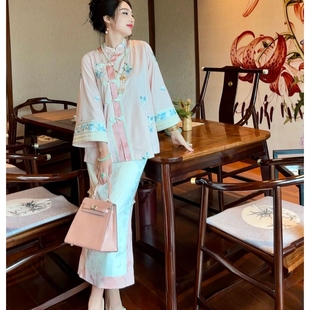 粉色印花修身 新款 金多 國(guó)風(fēng)新中式 復(fù)古女套裝 年夏季 顯瘦時(shí)尚