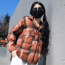 运动户外女潮时尚休闲百搭复古外穿打底宽松磨毛格子长袖衬衫衬衣