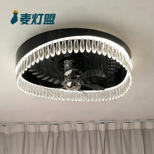 包安装黑色不锈钢水晶风扇灯