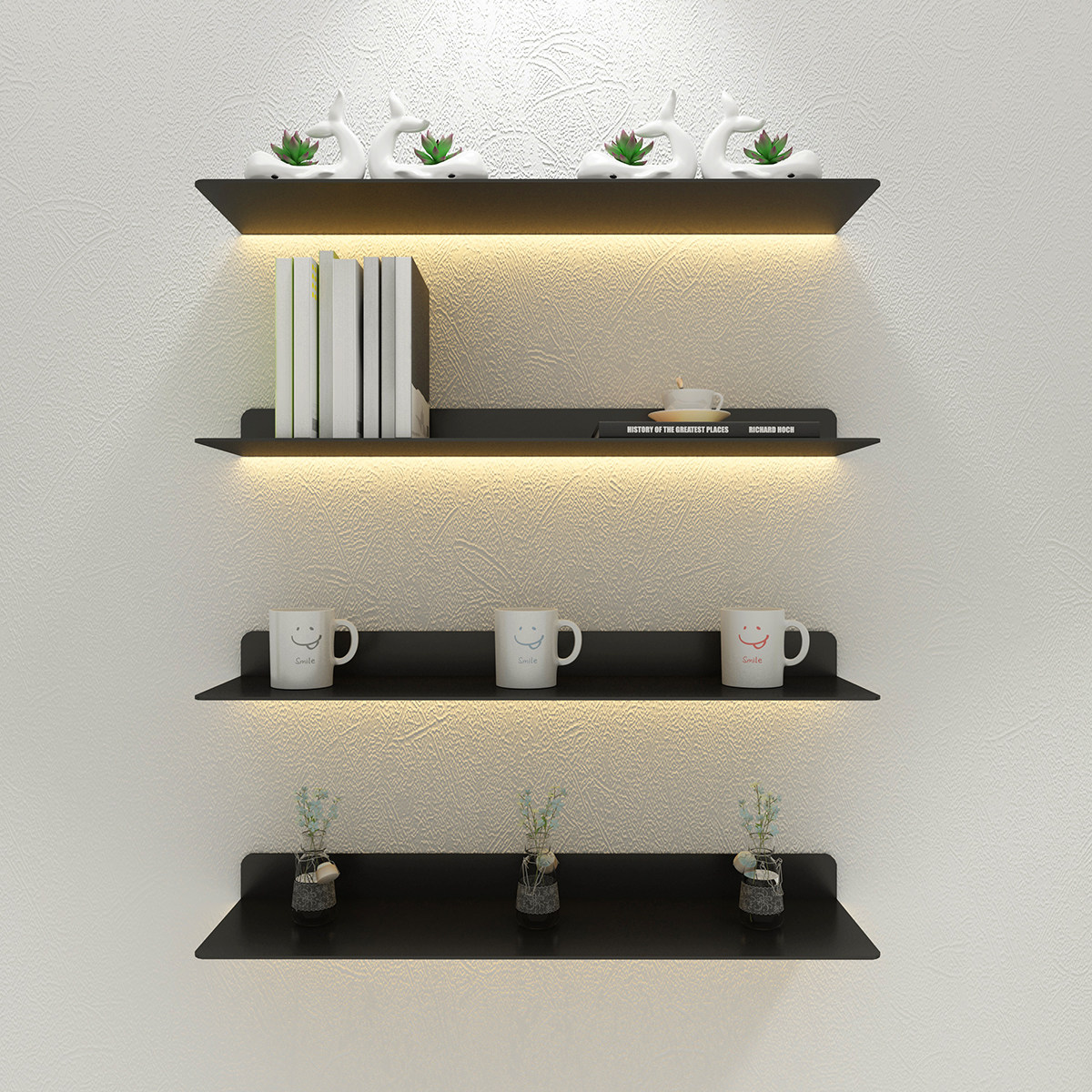 简约铁艺发光一字板墙上置物架现代壁挂隔板客厅家用层板挂墙书架