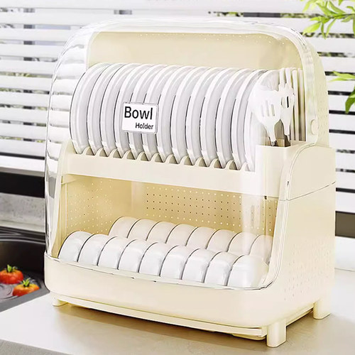 厨房双层带盖防尘碗碟收纳沥水架